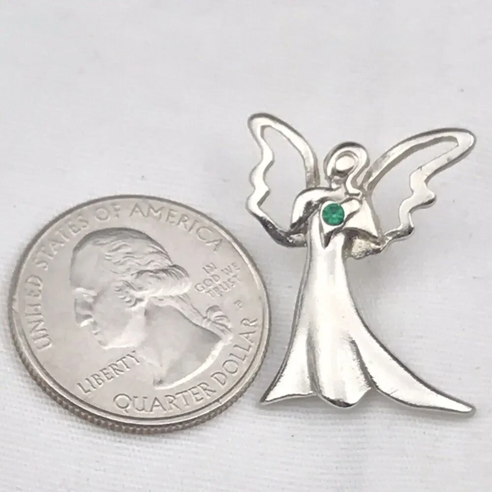 CAMCO Vintage Angel Pin Brooch Silver Tone Green Jeweled Heart Religious